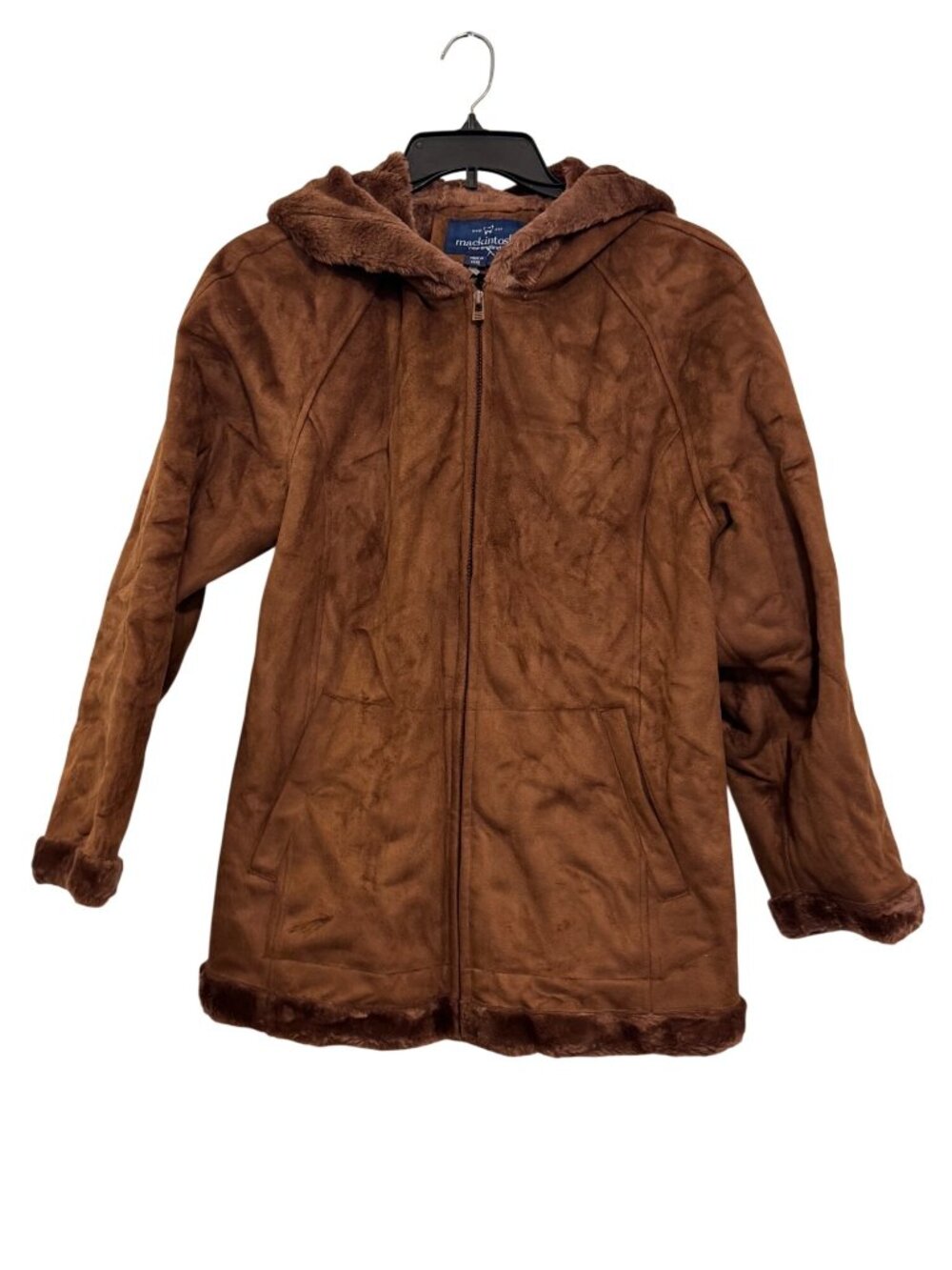 Mackintosh New England Brown Faux Suede Hooded Coat With Faux Fur Trim Size S